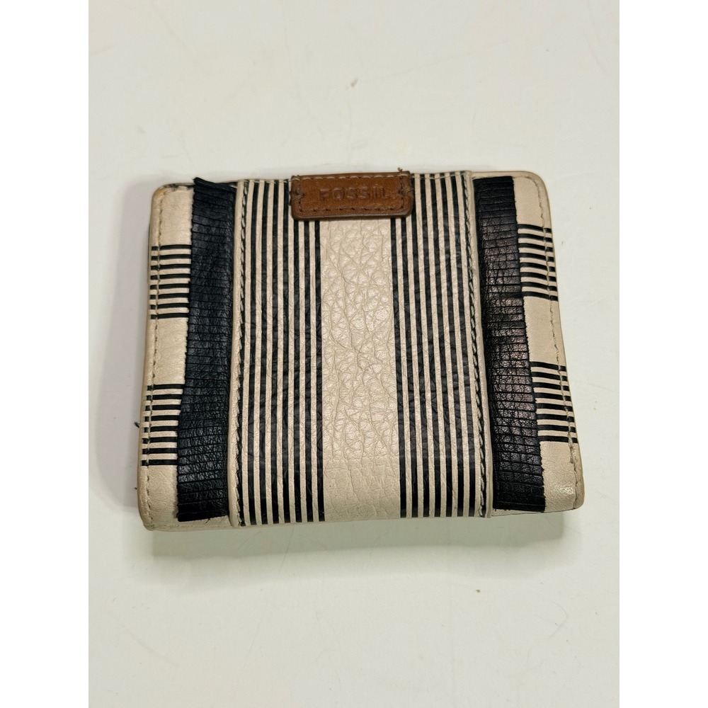 Fossil Leather Bifold Wallet Cream Black Striped ID Window Zip Pocket